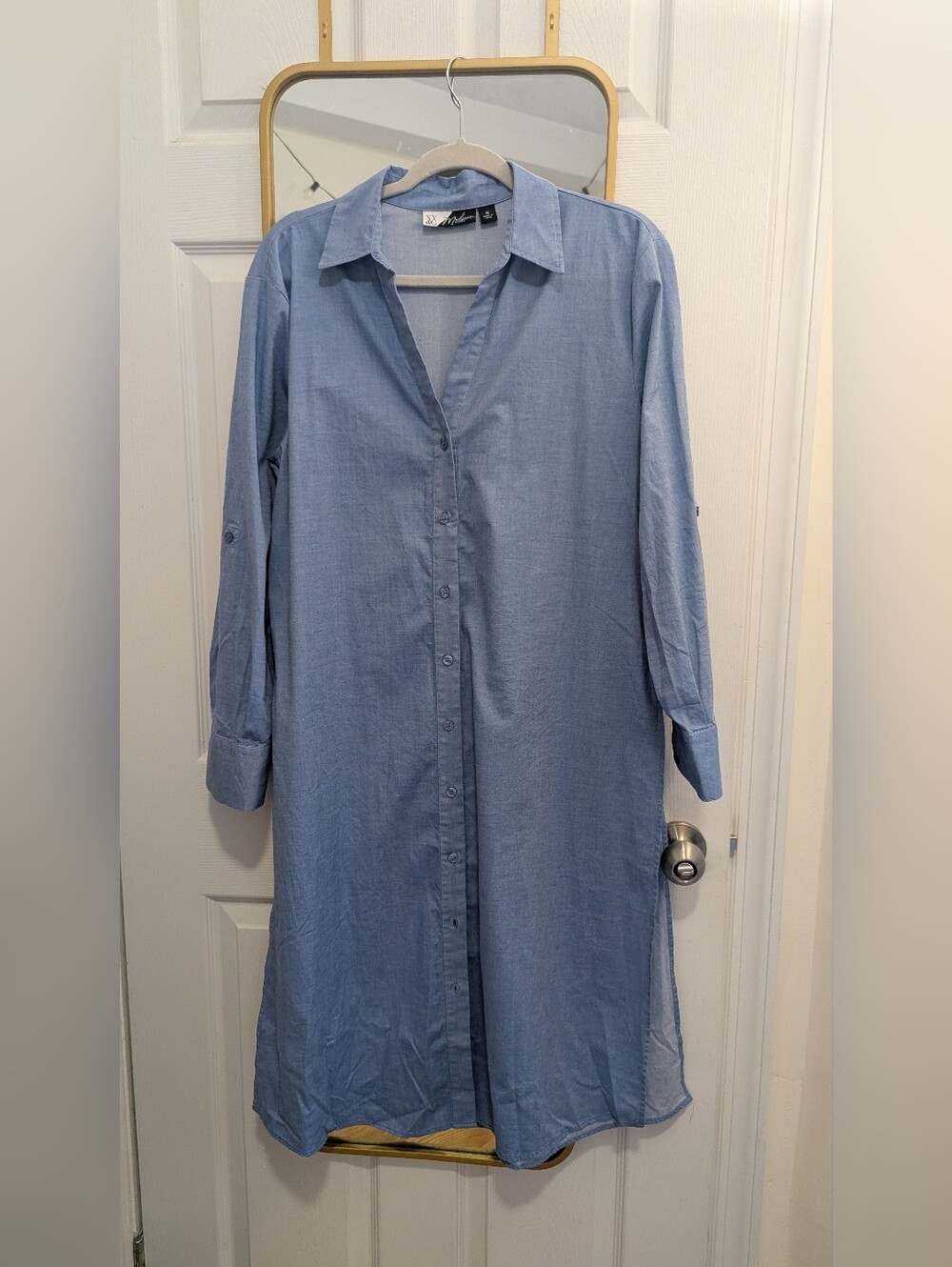 New York & Company Light Blue Long-Sleeve Shirt Dress